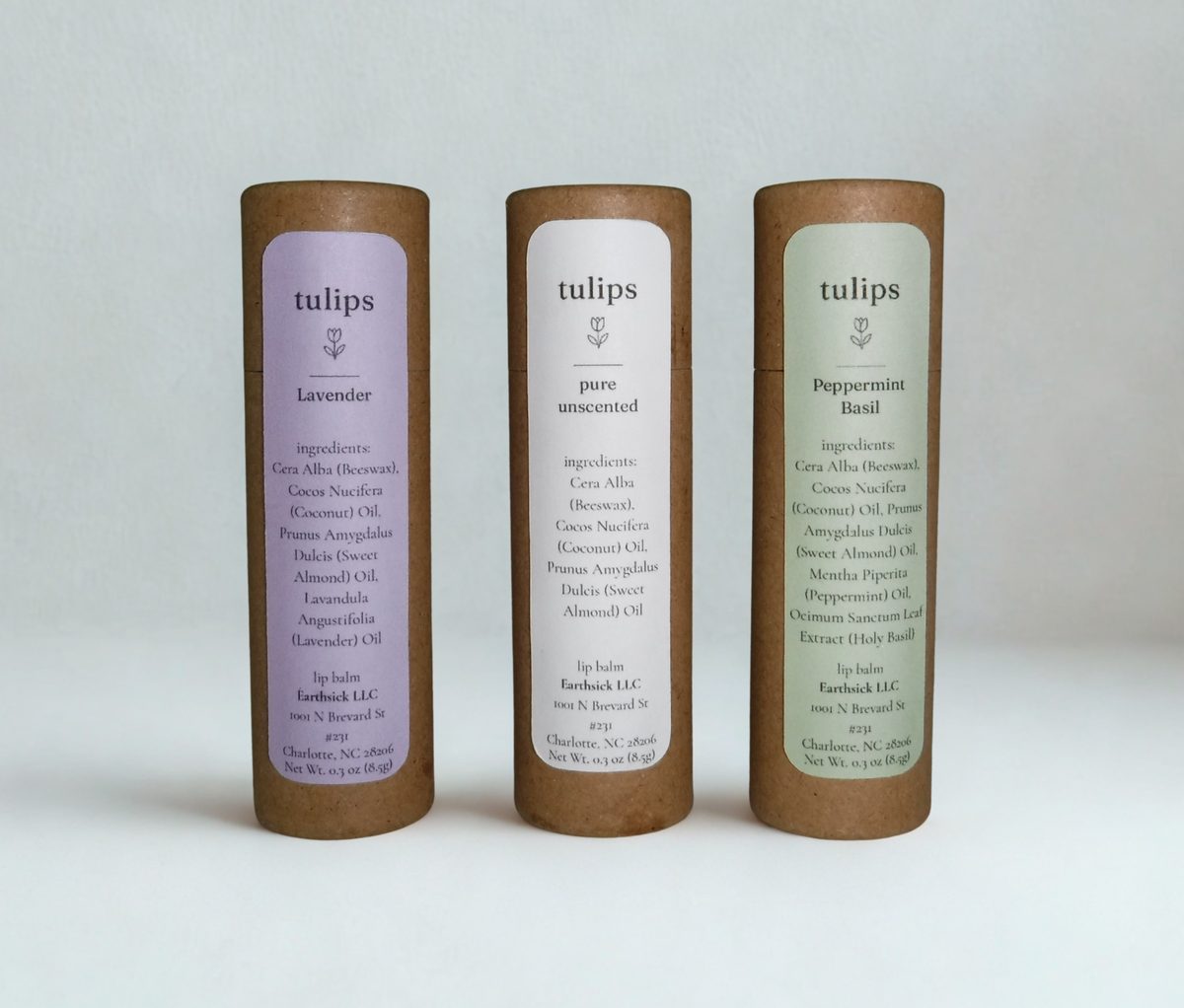 All three Tulips lip balms: Lavender, Pure, and Peppermint Basil